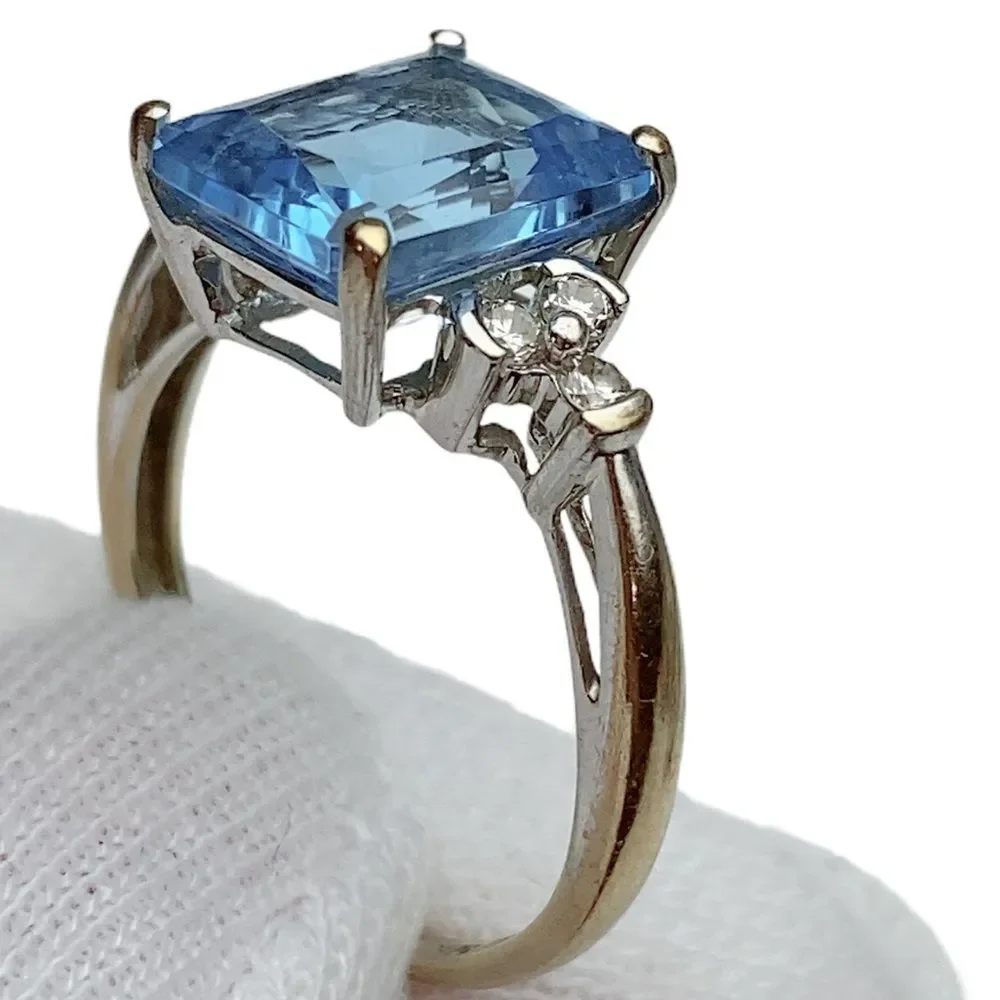 10k 10KT Karat Fine Solid White Gold Blue Topaz & Diamond Ring Women’s 6.5